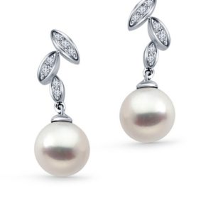 14K White Gold Freshwater Cultured Pearl Earrings With Diamonds