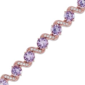 6.0mm Rose de France Amethyst and Lab-Created White Sapphire Bracelet in Sterling Silver with 18K Rose Gold Plate - 7.5
