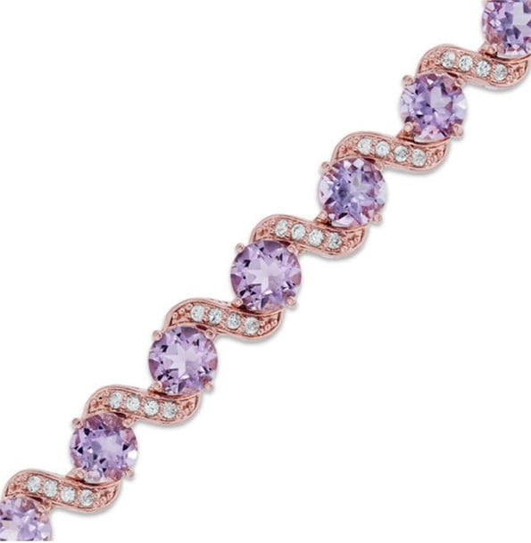 6.0mm Rose de France Amethyst and Lab-Created White Sapphire Bracelet in Sterling Silver with 18K Rose Gold Plate - 7.5