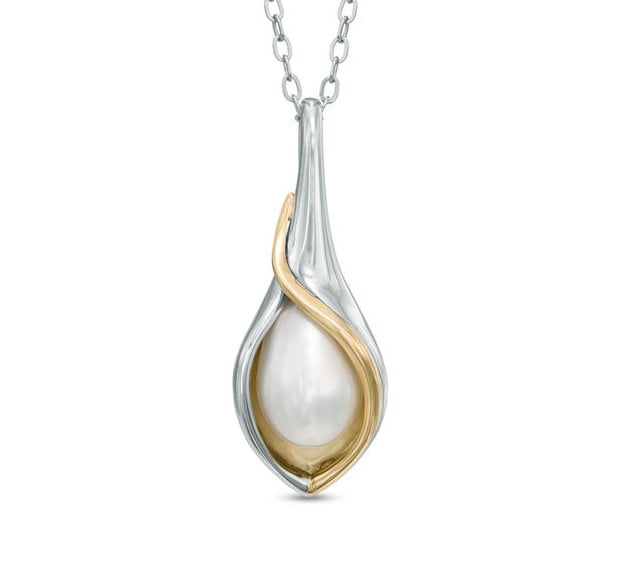 7.0 - 8.0mm Cultured Freshwater Pearl Calla Lily Pendant in Sterling Silver and 14K Gold Plate
