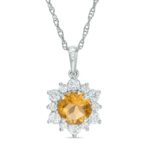 7.0mm Citrine and Lab-Created White Sapphire Sunburst Pendant in Sterling Silver
