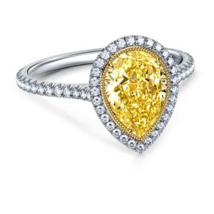 Cinora Fancy Cut Pear Yellow Diamond Halo Engagement Ring In 18K White Gold