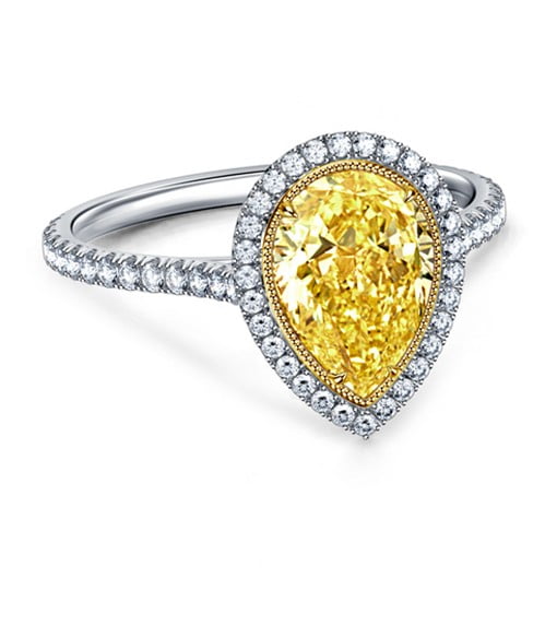 Cinora Fancy Cut Pear Yellow Diamond Halo Engagement Ring In 18K White Gold