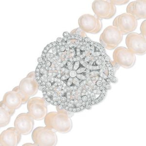 Cultured Freshwater Pearl and Lab-Created White Sapphire Triple Strand Necklace with Sterling Silver Clasp