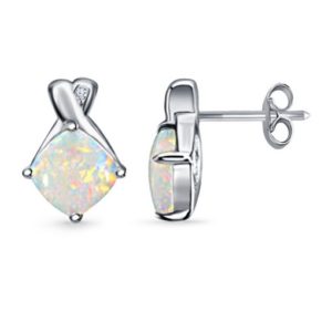 Diamond And Genuine Opal Earrings In 14K White Gold