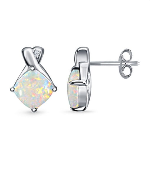 Diamond And Genuine Opal Earrings In 14K White Gold