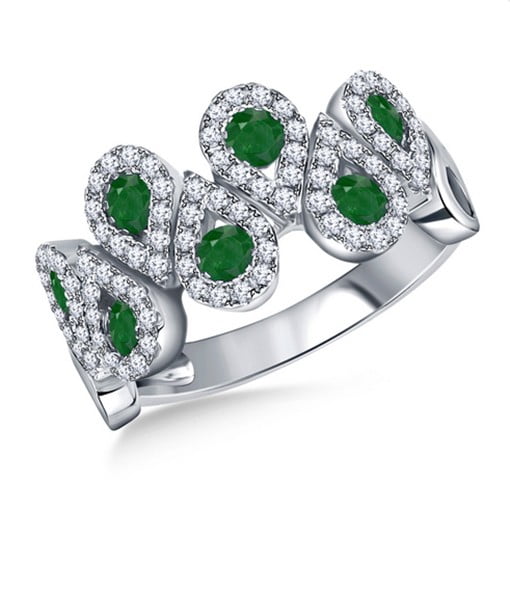 Emerald And Diamond Halo Multi Gemstone Pear Shape Ring In 14K White Gold