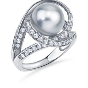 Gray Freshwater Pearl With White Topaz Orbit Ring In Sterling Silver With Rhodium Finish