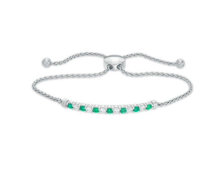 Lab-Created Emerald and White Sapphire Alternating Bolo Bracelet in Sterling Silver