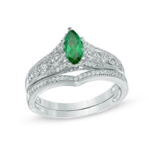 Marquise Lab-Created Emerald and 15 CT. T.W. Diamond Vintage-Style Bridal Set in 10K White Gold