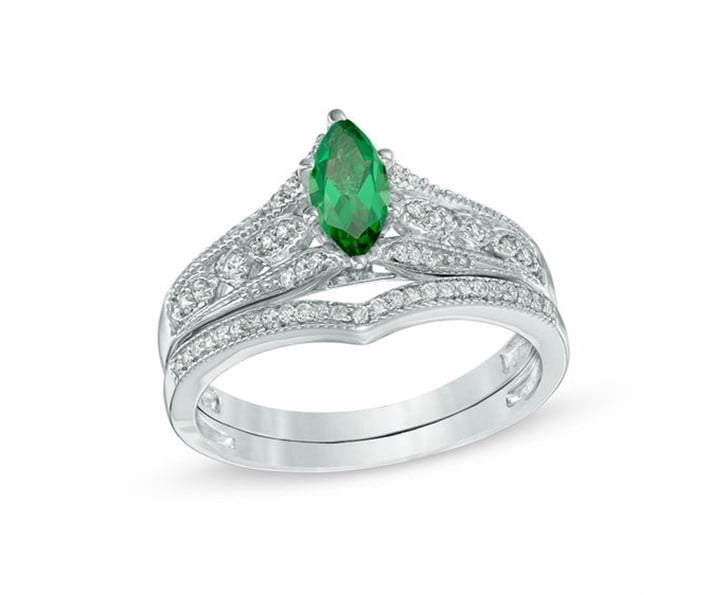 Marquise Lab-Created Emerald and 15 CT. T.W. Diamond Vintage-Style Bridal Set in 10K White Gold
