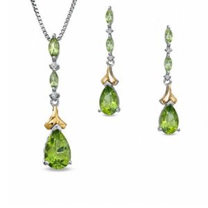Pear-Shaped Peridot and Diamond Accent Pendant and Earrings Set in Sterling Silver and 14K Gold